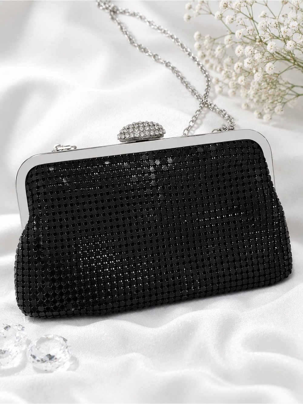 Rose Heart Reversible Crystal Evening Clutch – Black & Silver